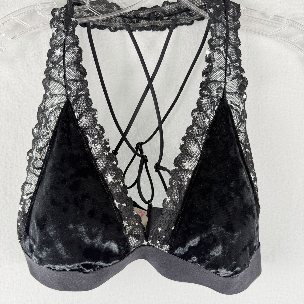 NWT Victorias Secret PINK Velvet Star Lace Bralette Black Strappy Trim Sz L Goth
